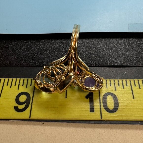 14k Yellow Gold Multi-Gemstone Handmade Statement Ring 2mm Width Size 5 - Picture 6 of 9